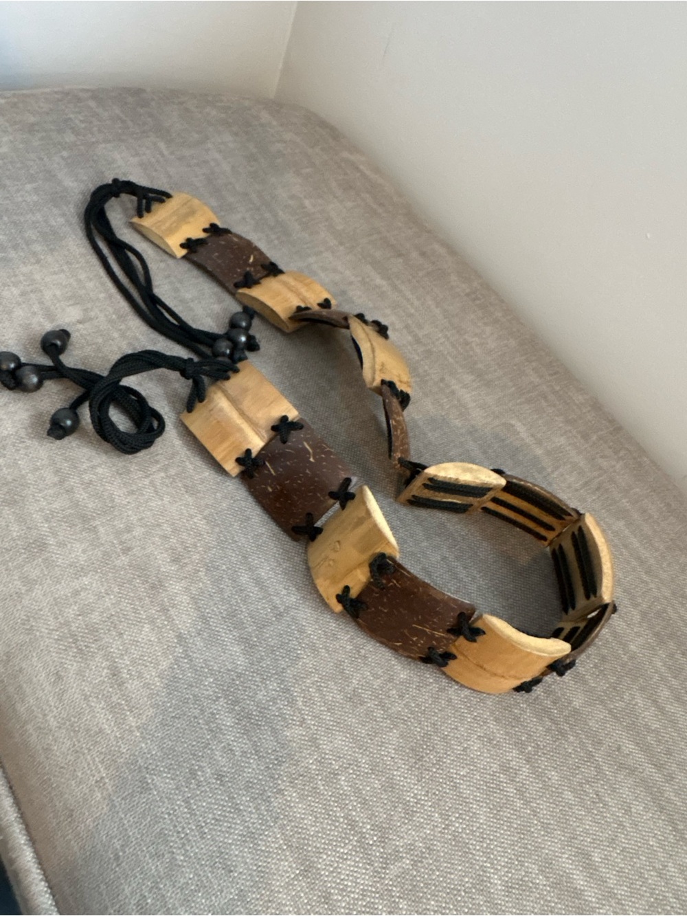 Boho Chic Natural Coconut Shell Tile Beaded Tie Waist Belt With Wood Accents - Picture 7 of 10